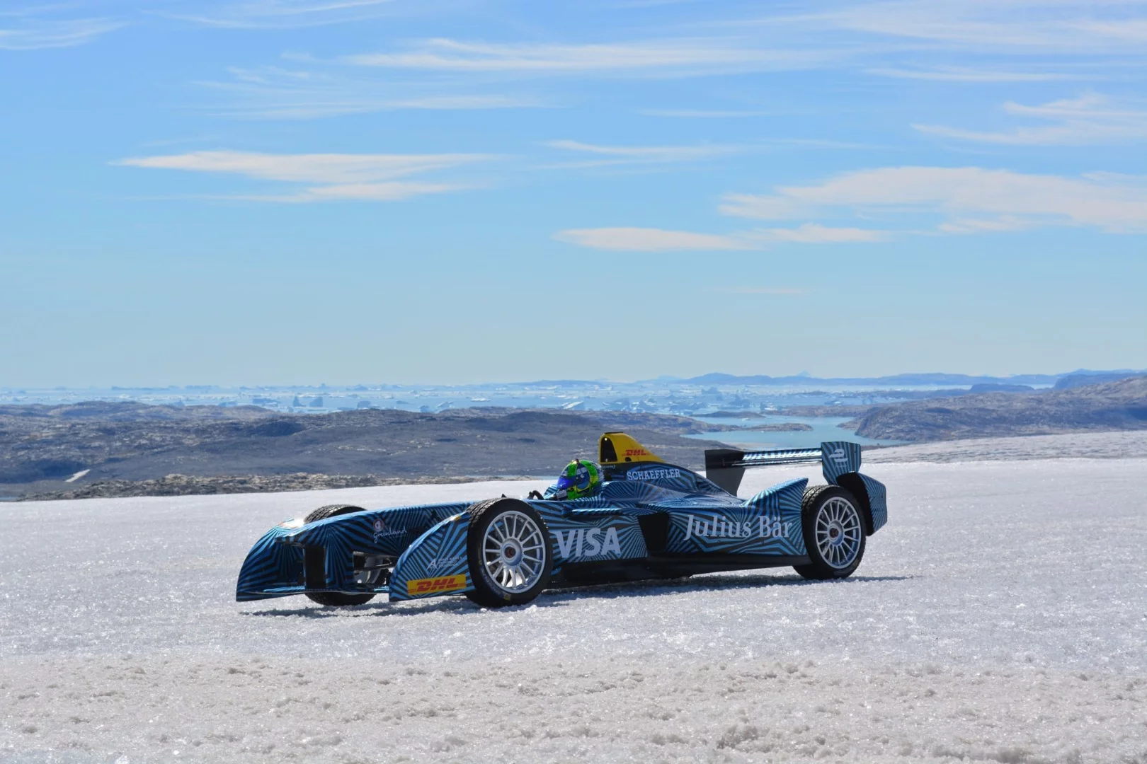 The Formula E car gets up to speed on the ice cap
