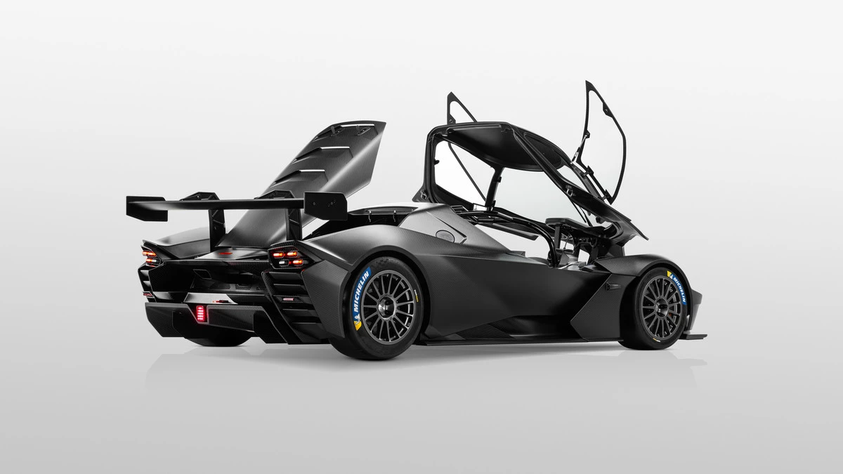 The 2022 KTM X-Bow GTX shows off its pop-top canopy, complete with window-doors
