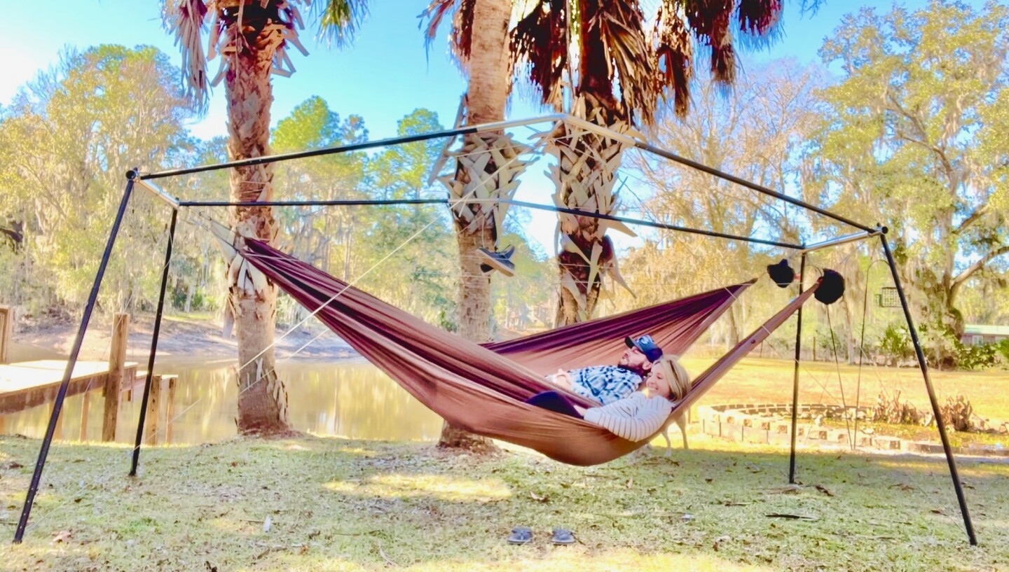Here you have a tree, but even if you don't, the Hive will set up and hold two hammocks side by side
