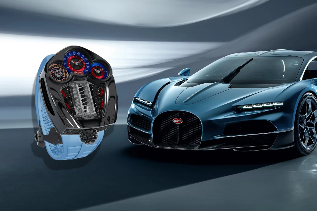 The Jacob & Co watch next to the Bugatti Tourbillon hypercar