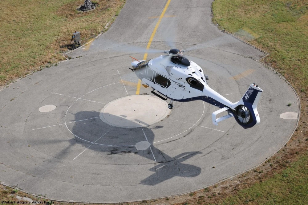The Airbus H160 being taken on its first flight, at Le Bourget Airport outside of Paris