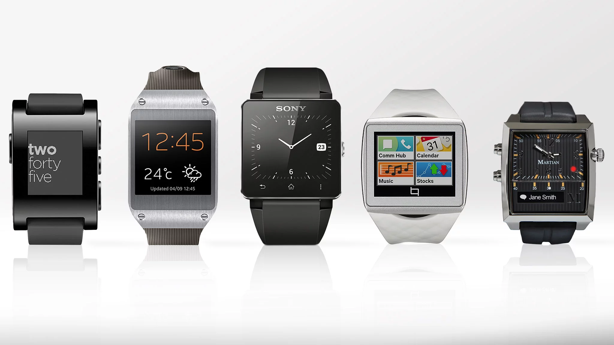 The Pebble, Samsung Galaxy Gear, Sony SmartWatch 2, Qualcomm Toq, and Martian Watch are the biggest names in smartwatches today