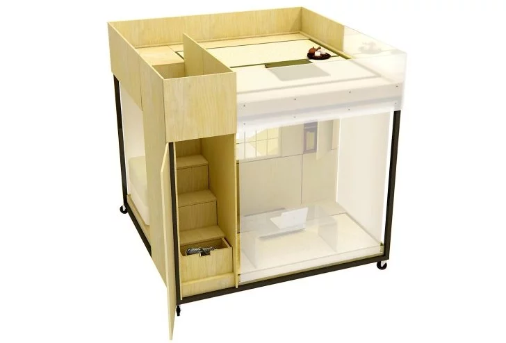 The eight-foot (2.4-meter) cube includes an office, bed, storage and meditation space