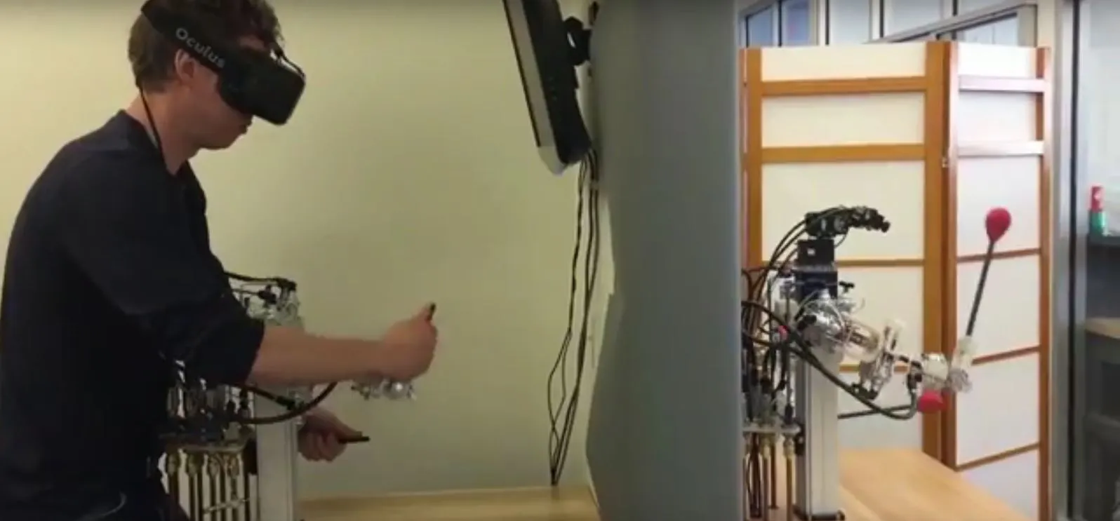 The robot is remotely manipulated by a controller