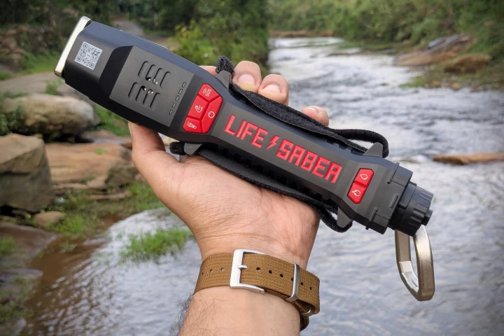 The Lifesaber is a handheld, kitchen-knife-sized survival tool that features a USB power generator, flashlight/lantern, UV water purifier, plasma firestarter, and a panic button that triggers an SOS siren and blinding strobe light