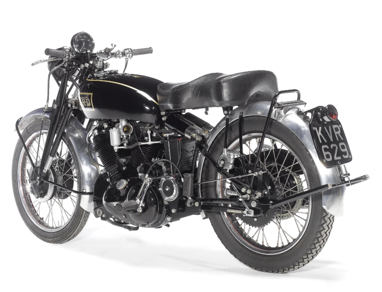 This matching-numbers Series-C Black Shadowwas offered from the estate of a recently deceased Vincent collector, who acquired the machine in 2003. The bike was fully restored by marque specialist John Mossey during this ownership, and saw only limited use since completion circa 2004. An authentic specimen, this 1949 Vincent Black Shadow sold for GBP£68,600 ($113,245) in April, 2011 at Bonhams' Staffordshire sale.