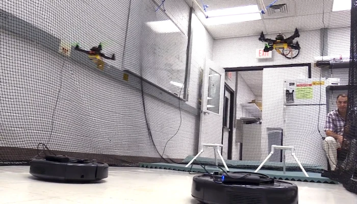 The swarm can contain both aerial drones and ground-based robots