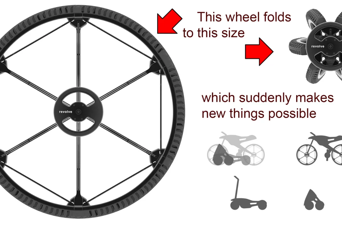 "I didn't design a wheel for single bicycle, but a wheel for many different products that can have the same full-sized bicycle wheel, but can now be folded and reduced in size in many different ways" Andrea Mocellin, founder of Revolve Wheel.