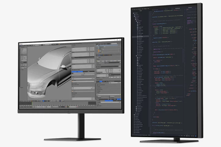 The Eve Spectrum stand can display the monitor in landscape or portrait orientation