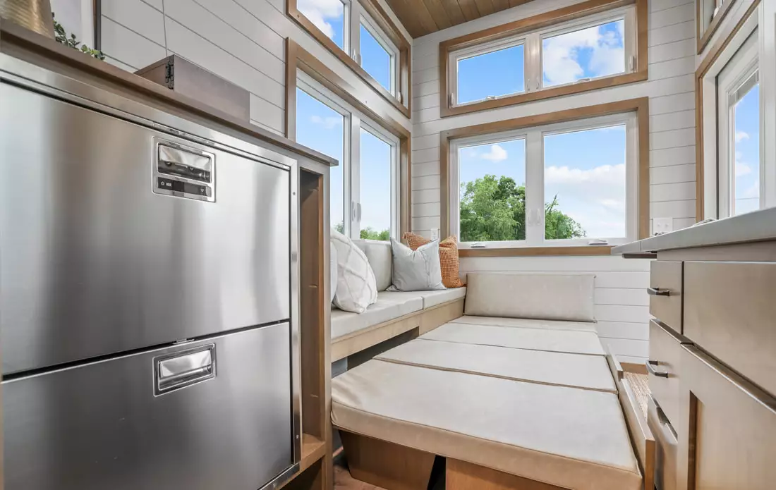 The Pathway's sofa bed, shown in the bed position