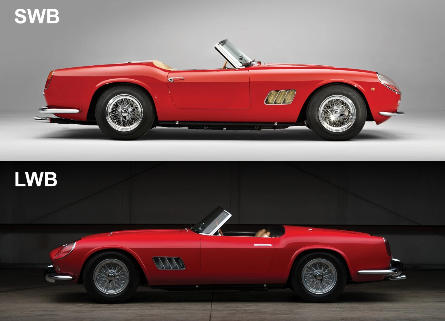 There are two main variants to the Ferrari 250 GT California Spider series, distinguished by the LWB (Long Wheelbase - 2,600 mm) and SWB (Short Wheelbase - 2,400 mm) nomenclature