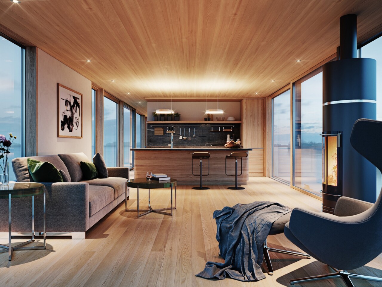 The single level motorized houseboats have a comfortable interior living space