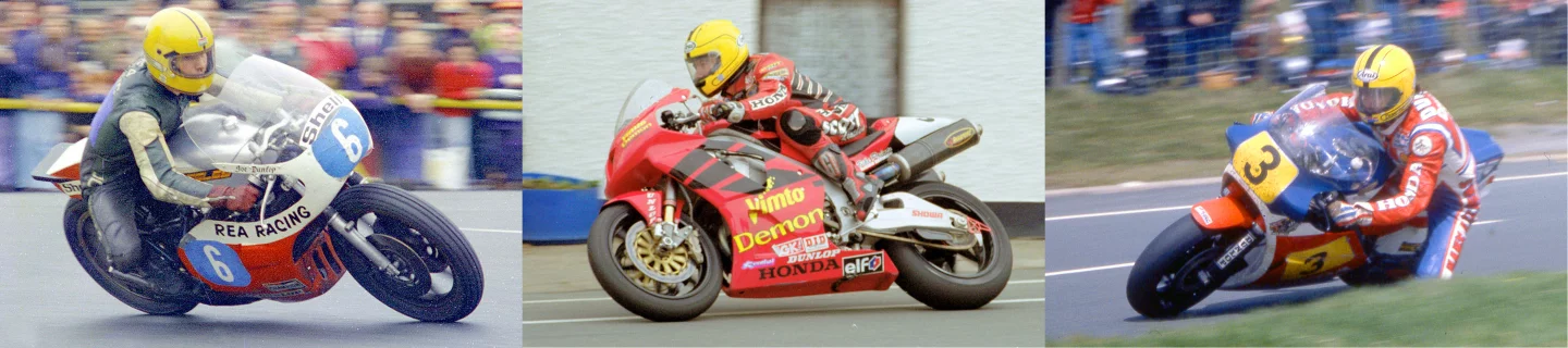 Joey Dunlop was the king of the TT during the eighties, setting the lap record at 115.2 mph on the water-cooled two-stroke Yamaha TZ750 in 1980, then pushing it to 115.4 in 1981 on the Honda RSC1000 (four-stroke) and finally to 118.5 in 1984 on the three-cyclinder Honda two-stroke RS500