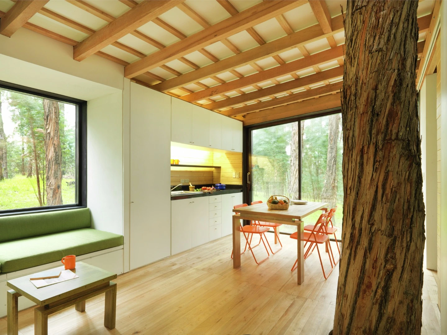 Storage space has been included along the walls, in the kitchen and underneath the sofa lounges