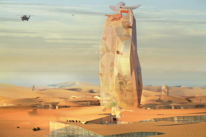 From a distance, the City Sand Tower resembles a huge rock rising out of the desert (Image: Manal Rachidi Oxo Architects and Nicolas Laisné Associes)