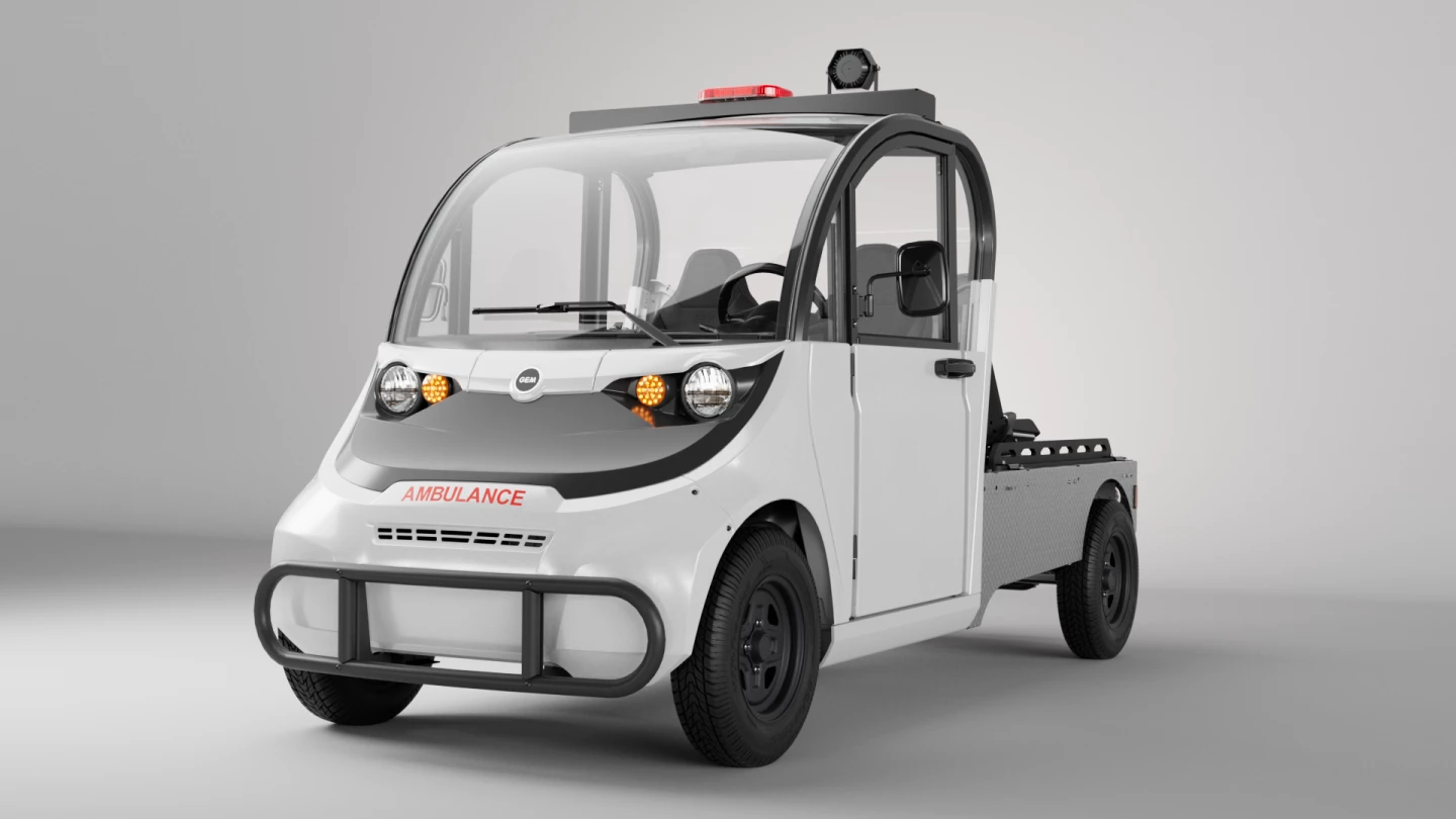 The GEM Ambulance has a top speed of 25 mph and a per-charge range of up to 86 miles, depending on battery configuration