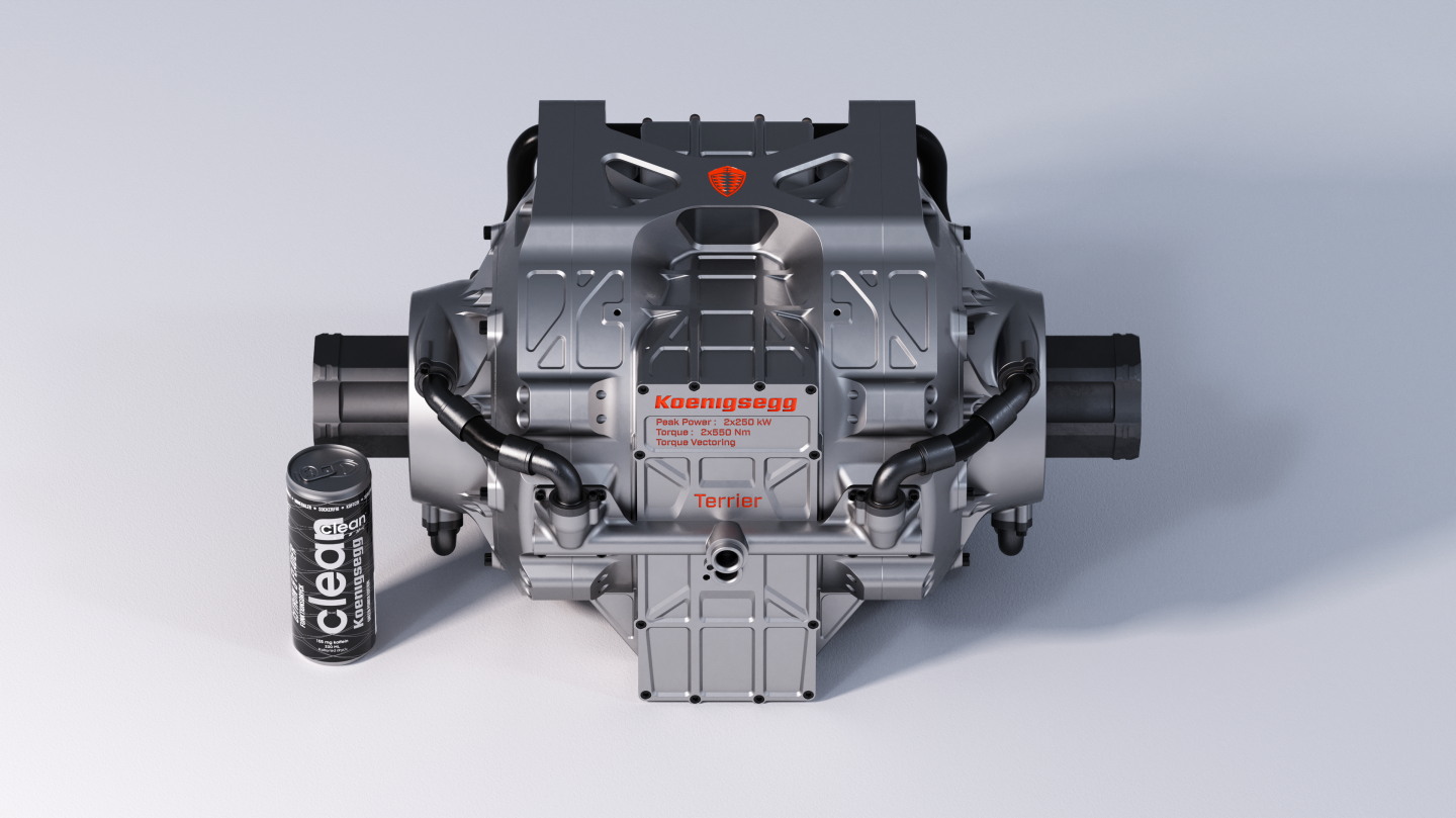 Two Quark motors, a David inverter and planetary gear sets mount together into the 670-hp Terrier electric drive