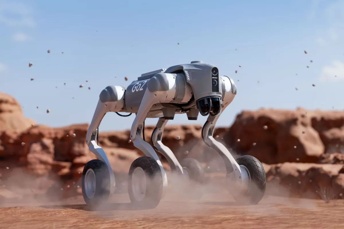 The Go2-W quadruped robot is designed to roll over challenging terrain, while boasting similar agility to non-wheeled robodogs