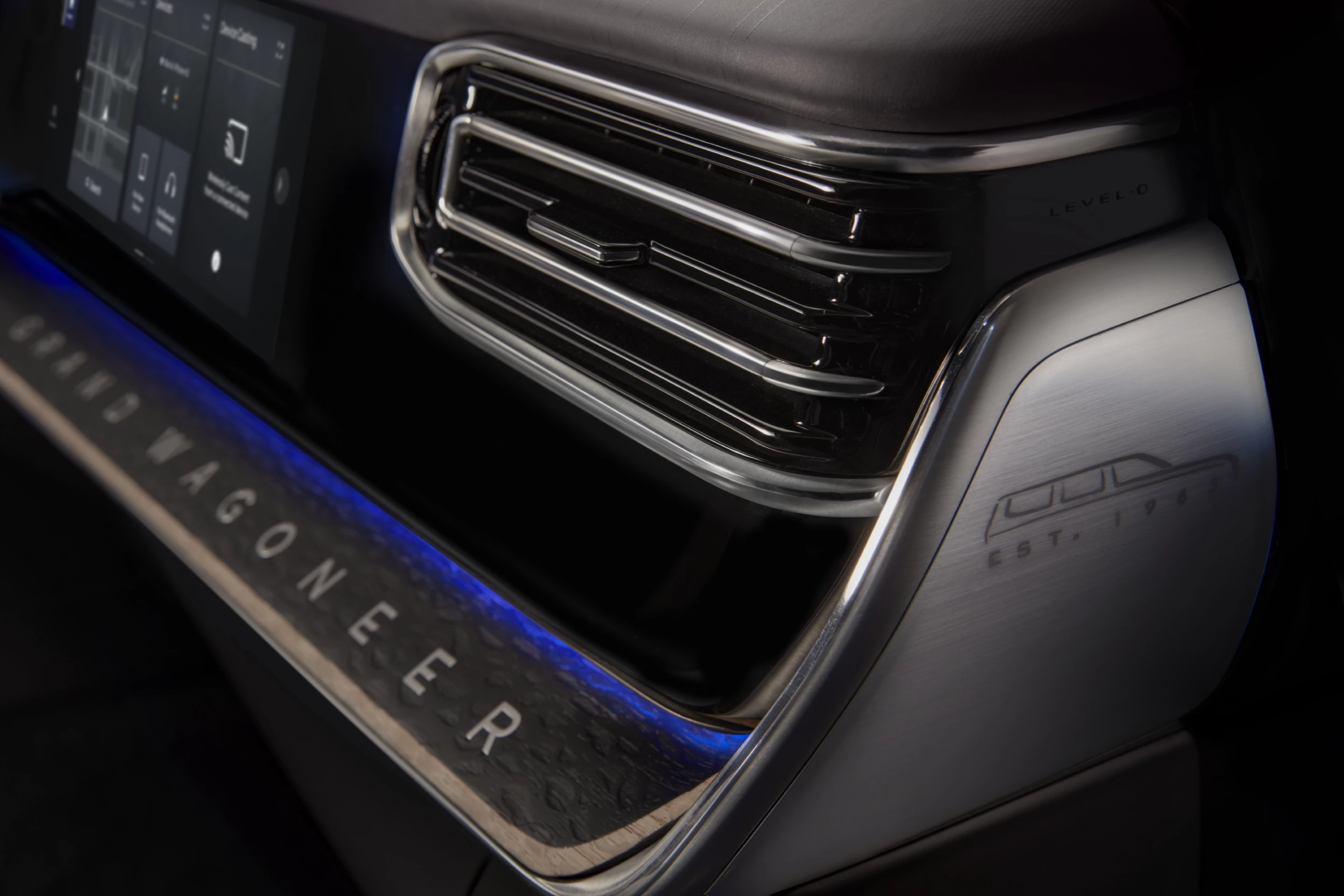 Aluminum and other inlays feature prominently inside the Grand Wagoneer Concept, along with calls to the Wagoneer's heritage