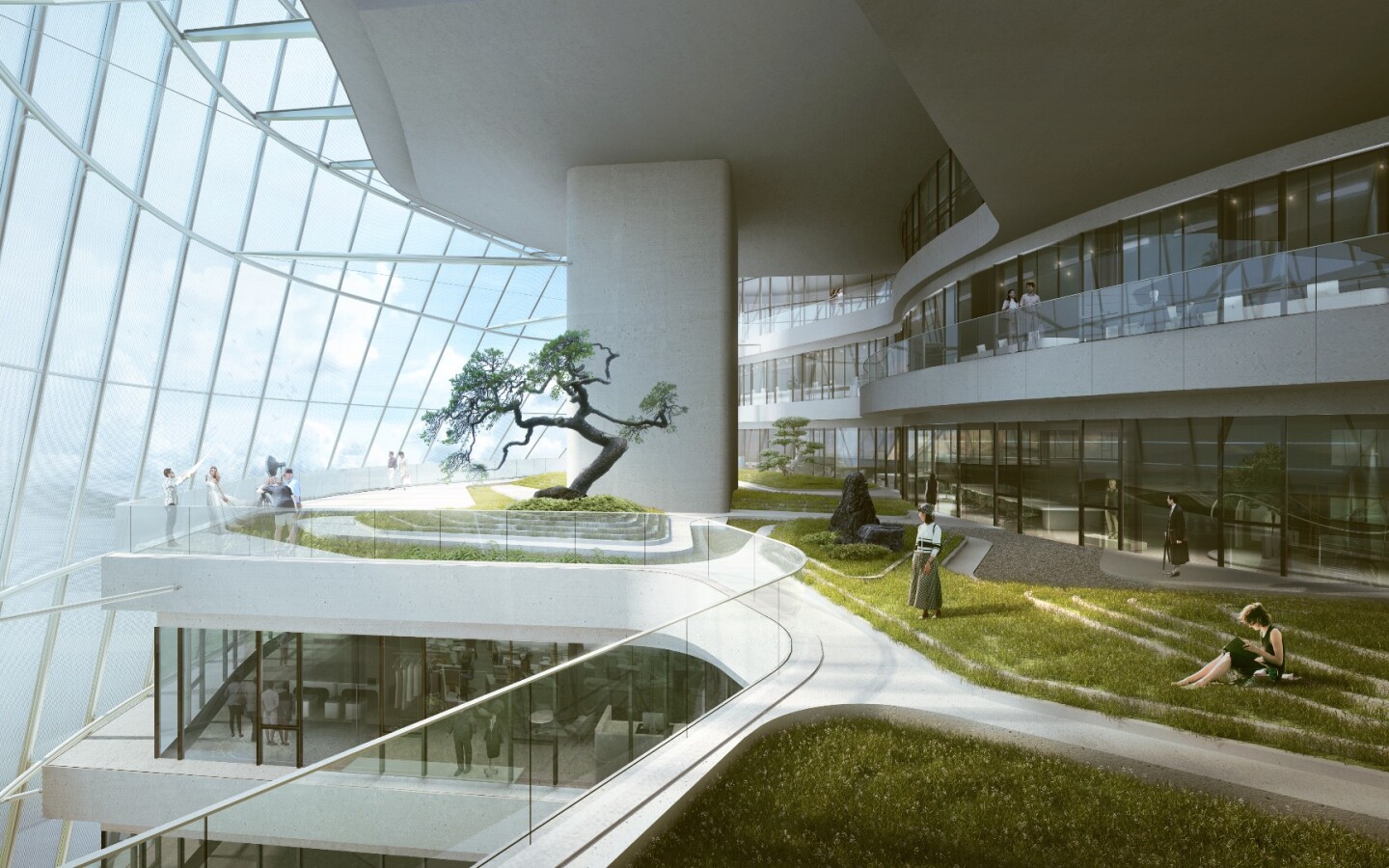 To provide natural lighting inside the building while mitigating solar heat gain, a translucent coating will be applied to the building’s facade