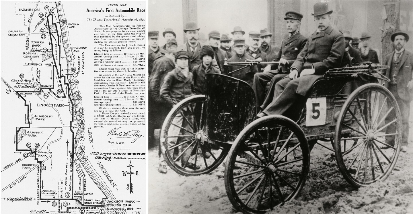 America's first auto race had just two finishers, and was won by a car with a single cylinder engine that averaged just 6.7 mph for the shortened 52.3 mile distance from Chicago to Evanston and back. A blizzard made for near impassable roads and though the average speed wasn't really indicative of the Duryea's performance on good roads, its win in such conditions helped convince the American public of the viability of the automobile for mission-critical tasks. As the event was run by the Chicago Times Herald newspaper, Duryea's triumph over adversity was well documented and the America-wide newspaper reports created many prospects for his just-formed Duryea Motor Wagon Company, kickstarting the American automotive industry.