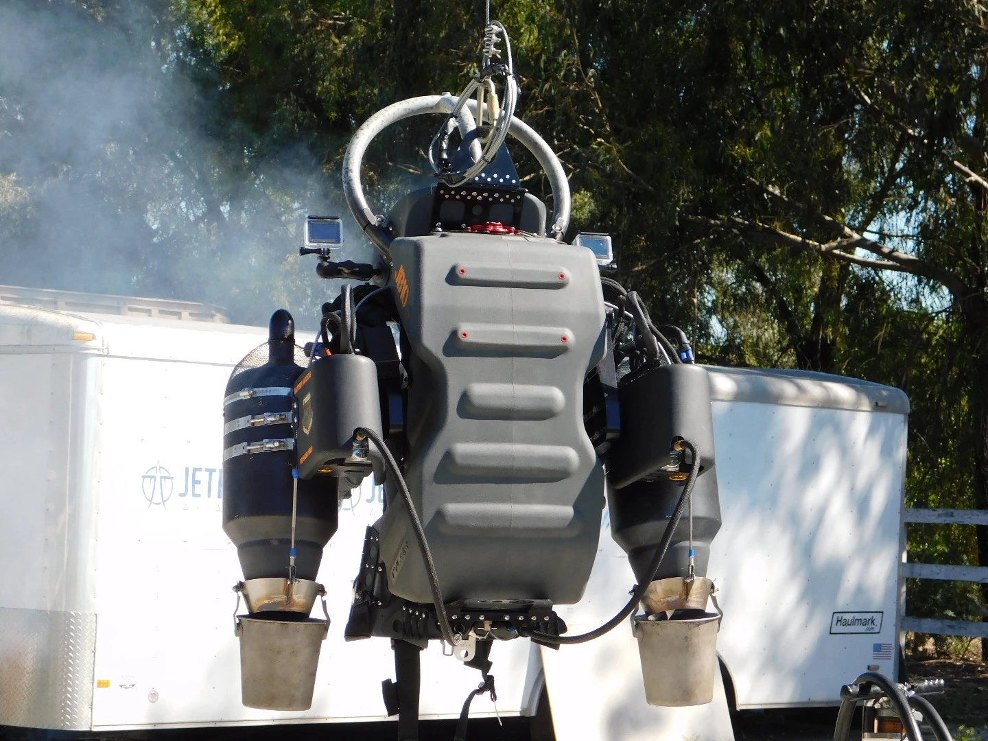The JB-10 Jetpack from Jetpack Aviation in cool down mode following a demonstration flight