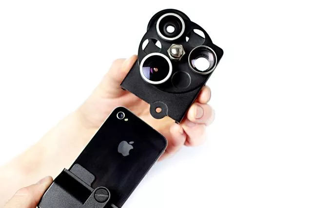 The iPhone Lens Dial features wide angle, fisheye and telephoto lenses, which swivel into place over top of the existing camera's lens
