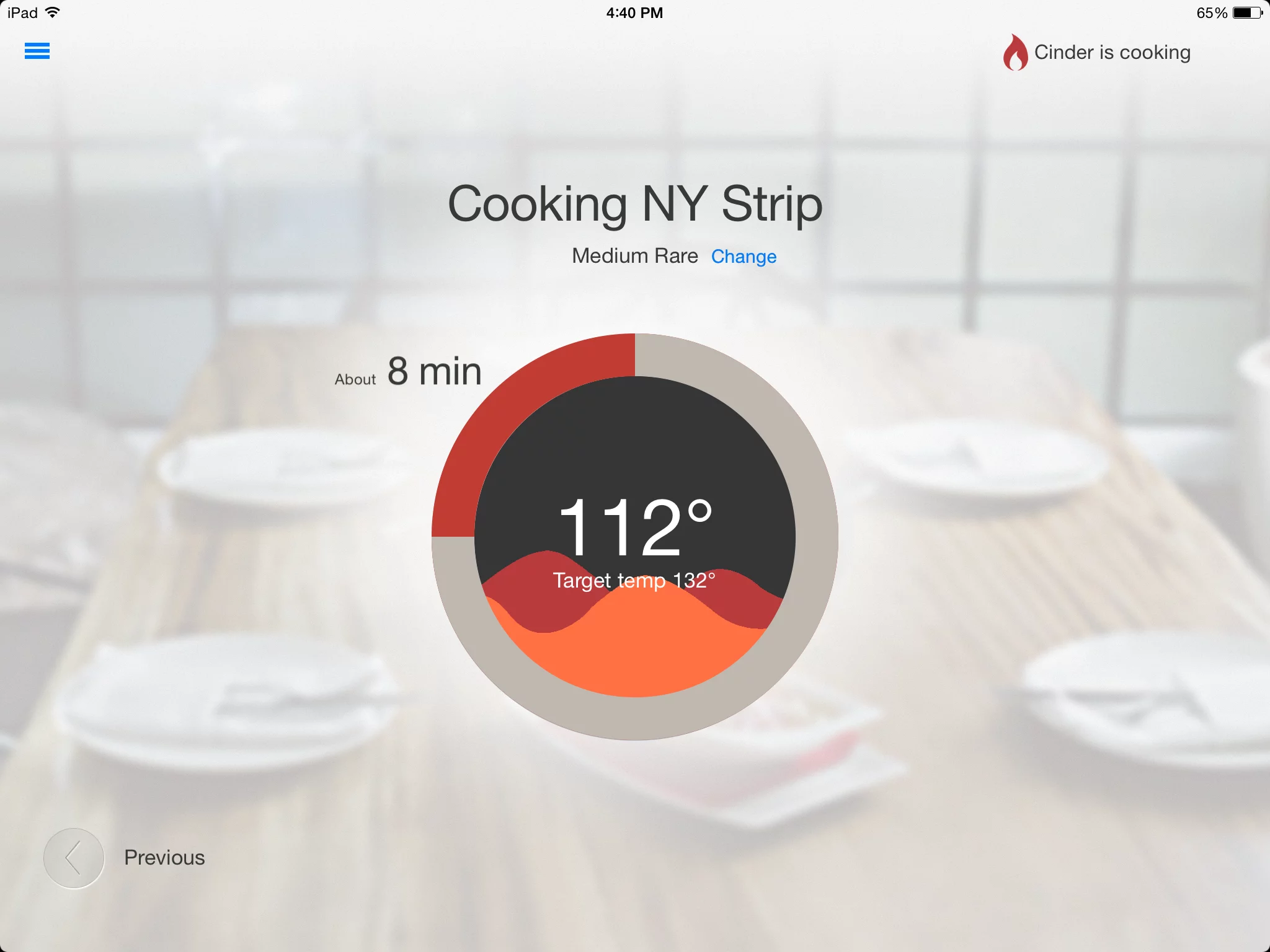 The Cinder Sensing Cooker app showing cooking temperature status