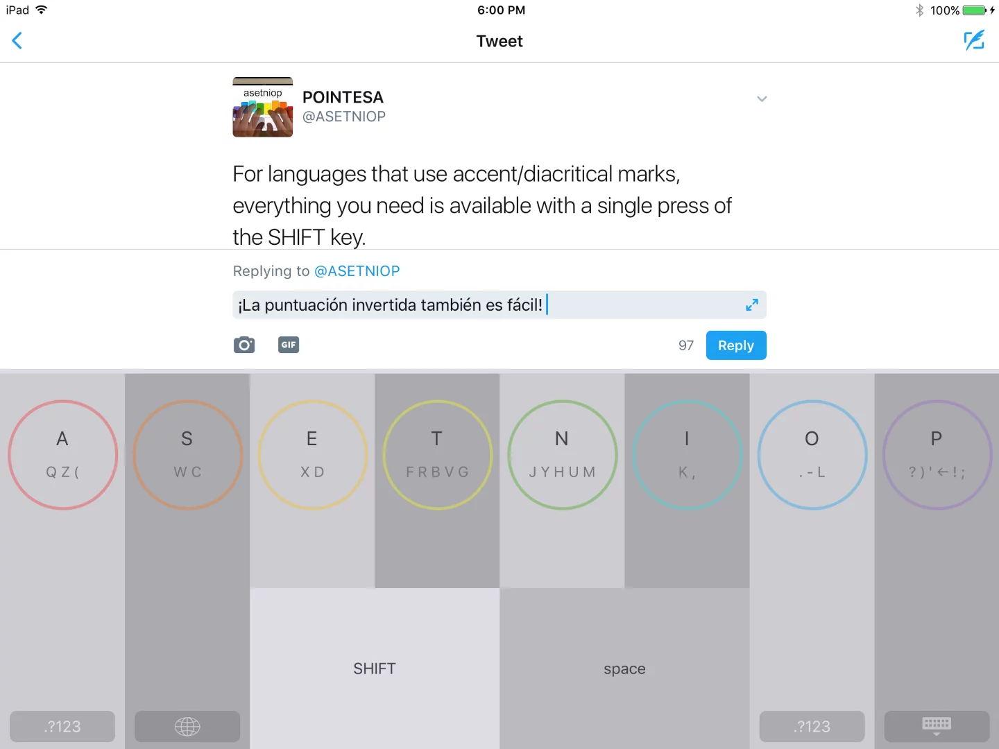 Example of the ASETNIOP layout on a tablet screen