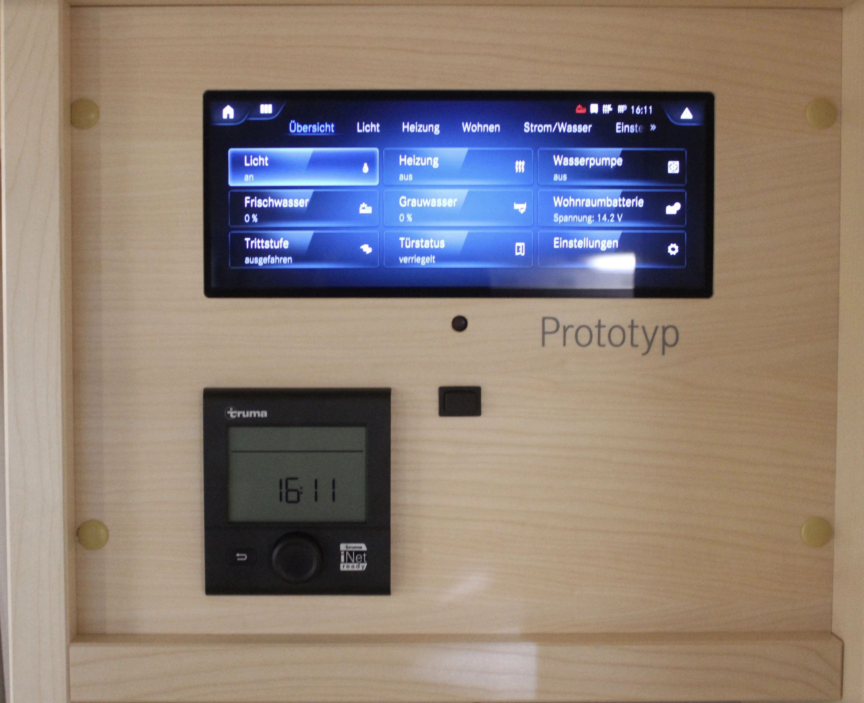 Clearly a prototype, Bimobil's MBAC system features a touchscreen display between the bathroom and dining area