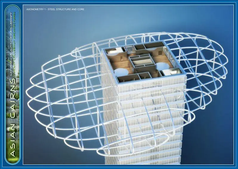 The plans call for the "pebbles" to be divided into multiple floors and shaped by concentric steel rings, which connect to the center tower through Vierendeel beams
