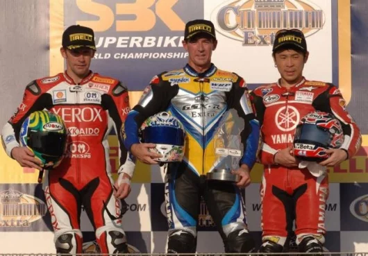 The podium after the second leg, with Corser first, Bayliss second and Haga third