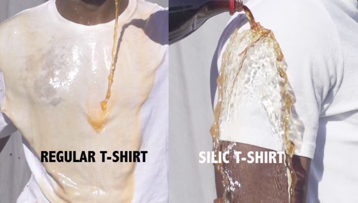 The Silic shirt's fabric causes any water-based liquid, including sweat and even maple syrup, to form into beads and slide off like rainwater on a windshield