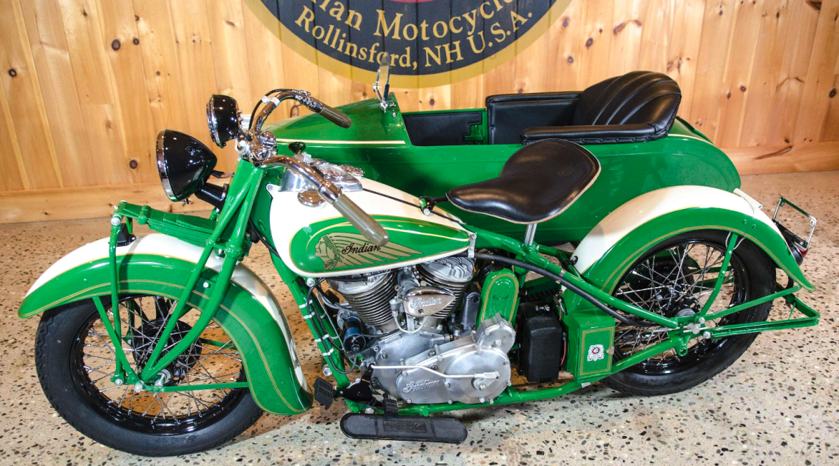 A very fast pre-war motorcycle, a 1938 Chief in stock condition was clocked at 120.7 mph in period, significantly faster than its Milwaukee competition with a stock machine. Sold with matching Princess sidecar, this fully-restored 1938 Chief sold for $50,600.