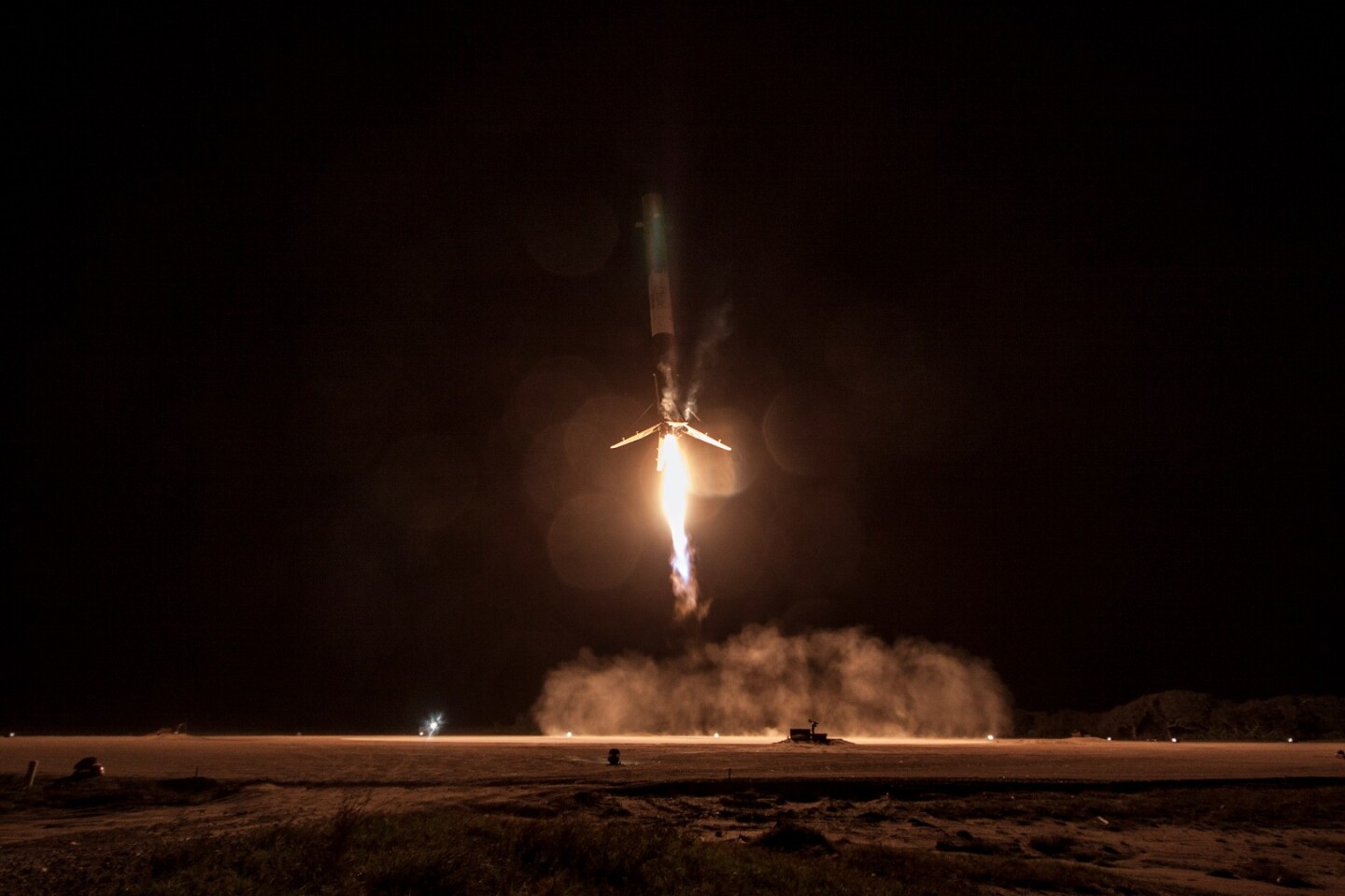 The Falcon 9 first stage rocket touching down at Landing Zone 1