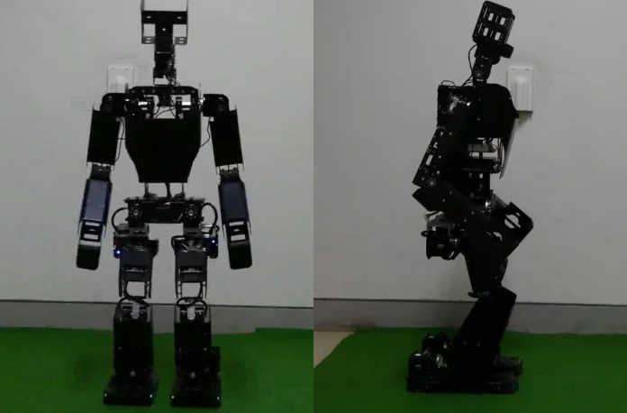 Front and side views of RoboBuilder's 95 cm tall, 10 kg RQ-TITAN soccer robot