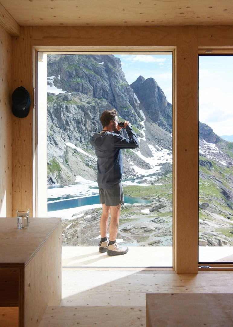The On Mountain Hut's interior is finished in wood