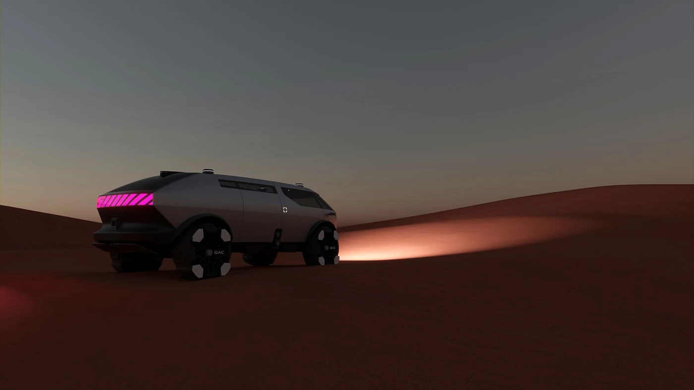 With its big, bright lighting, the GAC Vanlife concept makes itself known to other road users (or desert nomads)