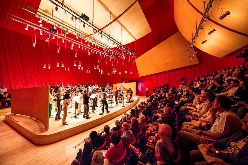 Two approximately 2-meter (6.56 ft.)-high acoustic walls have been positioned to reflect sound towards the orchestra (Photo: Marco Caselli Nirmal)