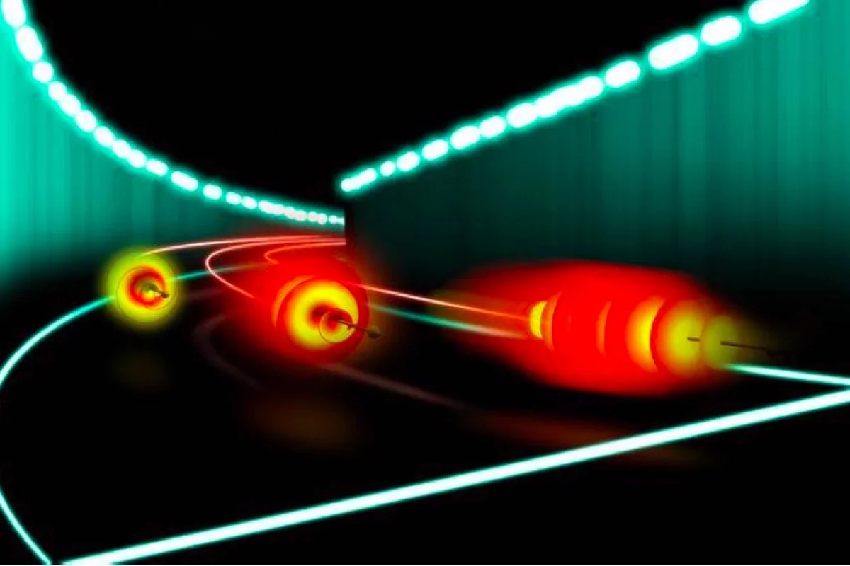 Artist's illustration of two twisted beams on the left traveling slower than the Gaussian beam on the right