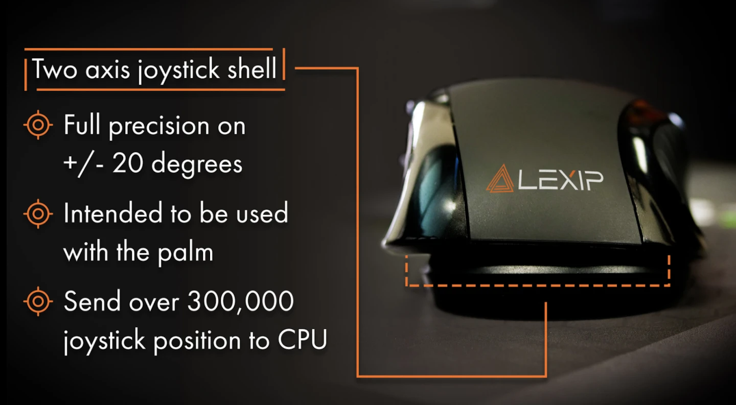 The Lexip 3D mouse has a two-axis tilt mechanism, that lets it work like a joystick