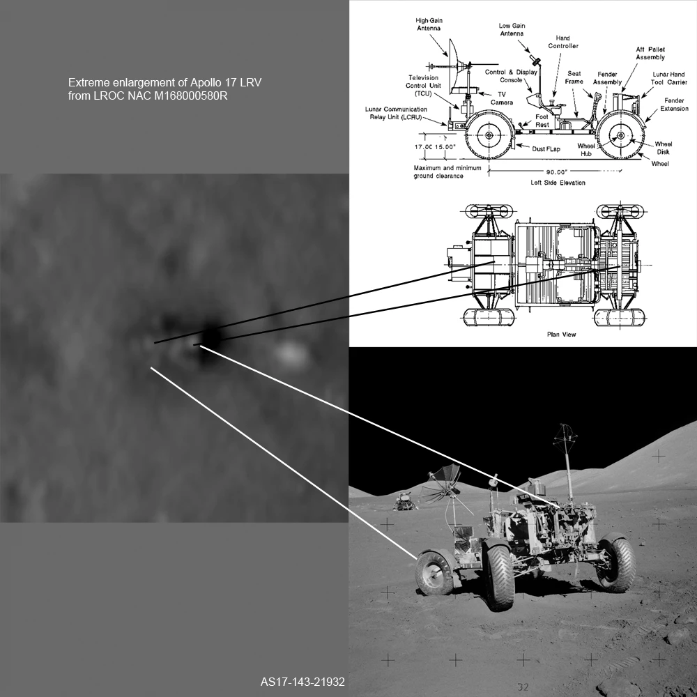 The Apollo 17 lunar rover, as seen by LROC (left) and the astronauts (right)