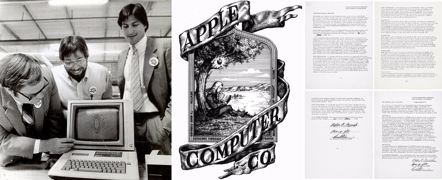 The world's biggest company and certainly one of it's best known brands began just four decades ago. The company that pioneered the WYSIWYG computer-human-interface has had it's ups and downs, but survived several near-death experiences before finding it's stride and creating the iPod, iPhone, iPad and a host of other innovations that have changed the world. This is the document which marked the beginning of the first stage of the journey. The names Steve Jobs and Steve Wozniak now loom large in history, while Ronald G. Wayne's contribution is at best a footnote. Wayne (pictured above with Woz and Jobs), was the "adult in the room" at the time, and he drew the first Apple logo (above right - yet another tribute to the greatest scientist in history), wrote the original partnership agreement and was responsible for compiling the Apple I computer manual. He sold his 10 percent stake two weeks into the partnership for just $800 – at today's prices, a 10 percent stake would be worth more than US$60,000,000,000 (that's $60 billion). He later accepted $1500 to forfeit any claims against Apple.