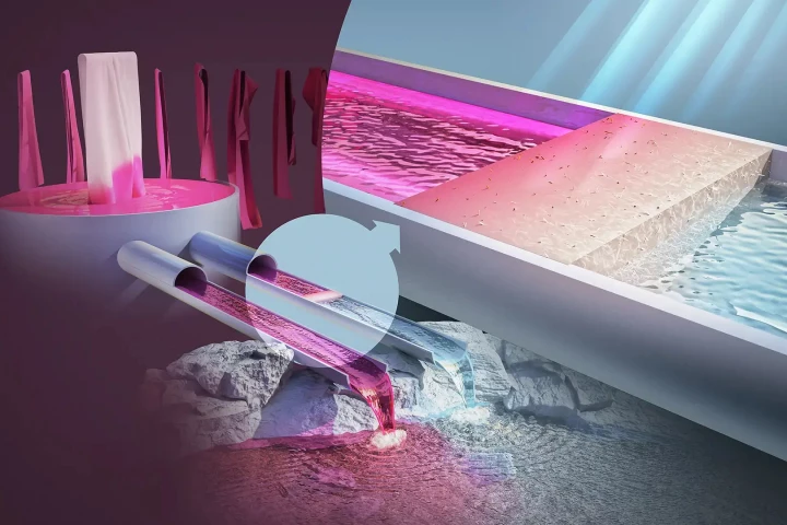 Filters made of the powder could selectively absorb dye from textile factory wastewater streams, with the trapped dye then being broken down by exposure to sunlight (inset)