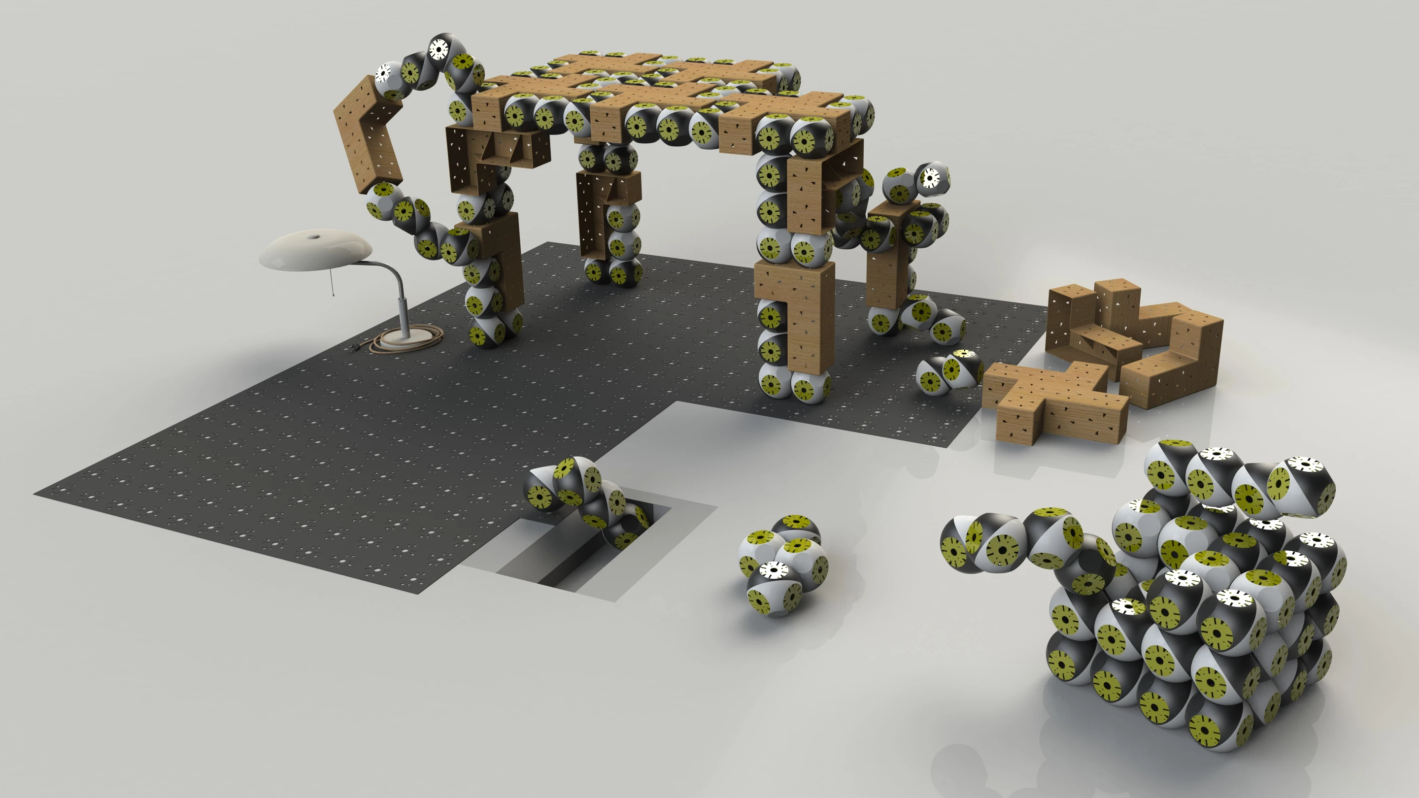 Rendered vision of a table being assembled by Roombots modules, using lightweight elements and integrated Roombots module (Image: Biorobotics Laboratory, EPFL)