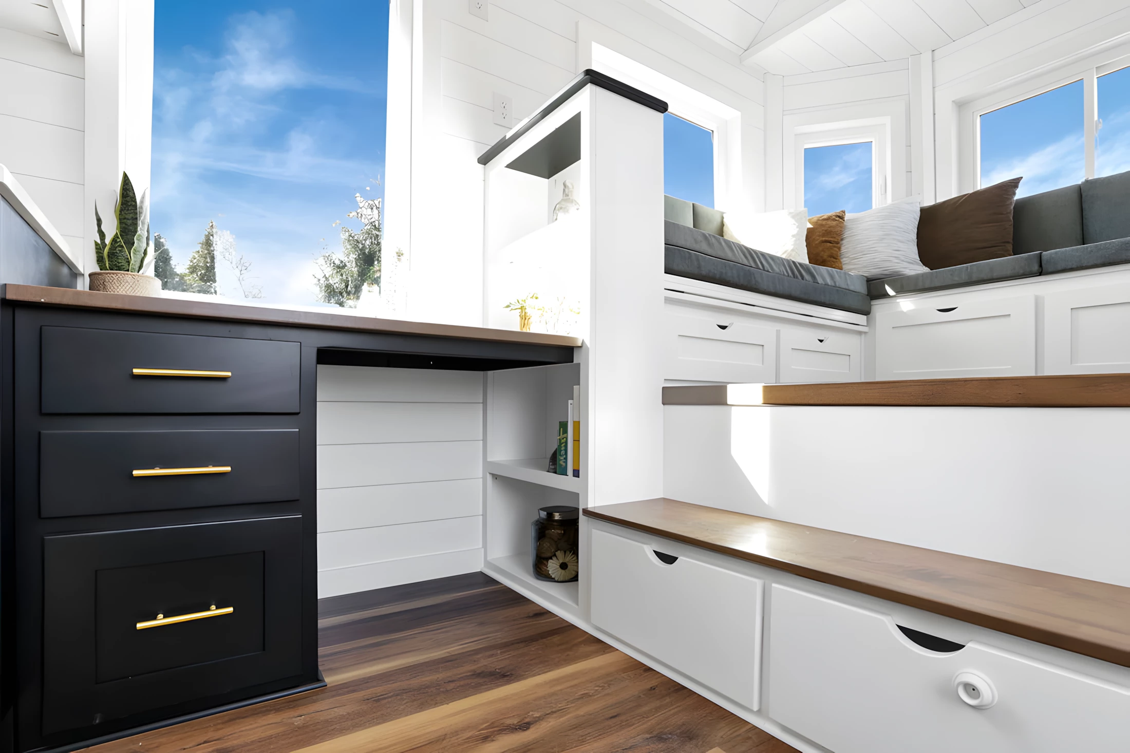 The Shadow's kitchen counter is extended to create a small office area