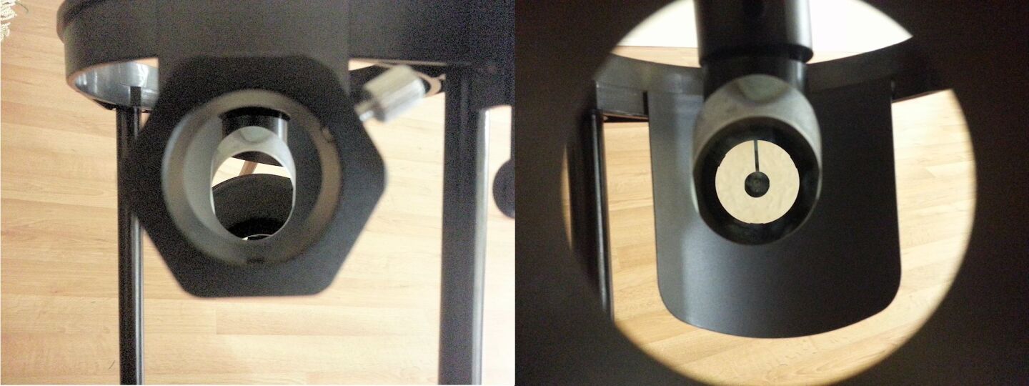 The OneSky arrived with a bent secondary mirror mount. On the left is the initial view through the eyepiece, in which you can't even see the primary mirror, while on the right is the nicely centered image of a properly collimated scope (Photo: B. Dodson)