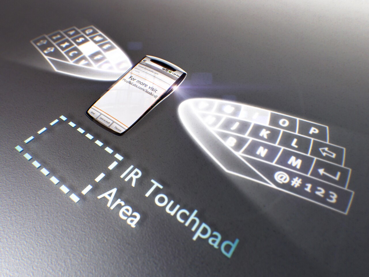 Pico projectors on either side of the phone project a virtual keyboard