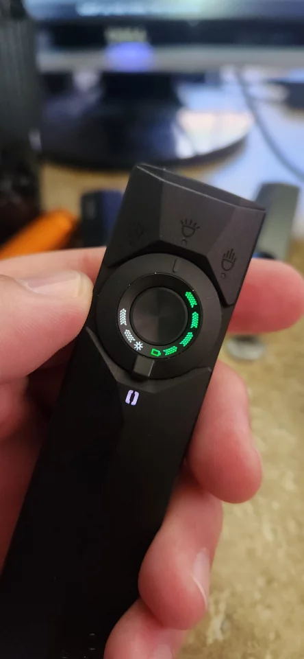 The ArkPro Ultra special edition in Onyx black. The switch features a brightness indicator and state of charge. And that little [] logo? That's for the ArkBeat feature (it's pretty silly) ... as you use the light, it keeps track of how many hours and cycles through different colors. It takes 128 hours to get through all the colors before you can set it to whatever color you'd like.