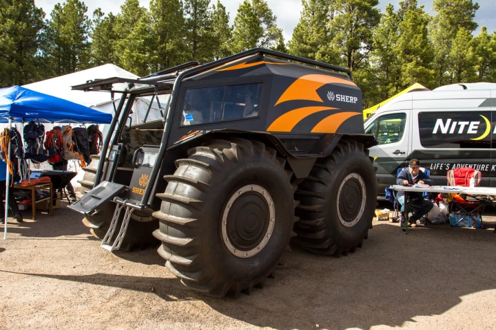 Those giant 63-in Sherp tires propel the beast through water, as well as over land